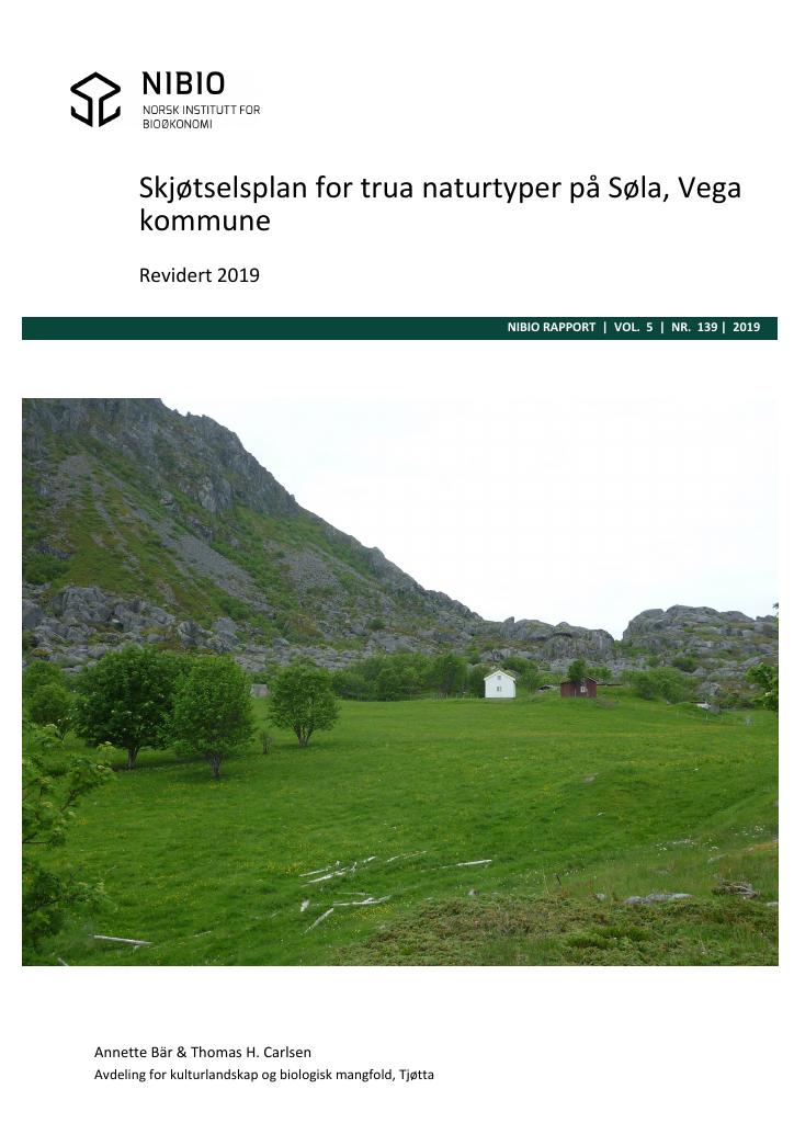 Forsiden av dokumentet Skjøtselsplan for trua naturtyper på Søla, Vega kommune. Revidert 2019