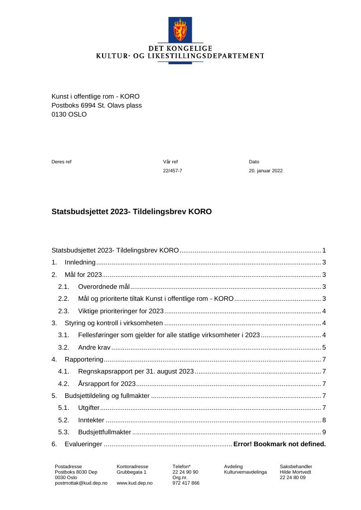 Forsiden av dokumentet Tildelingsbrev KORO 2023