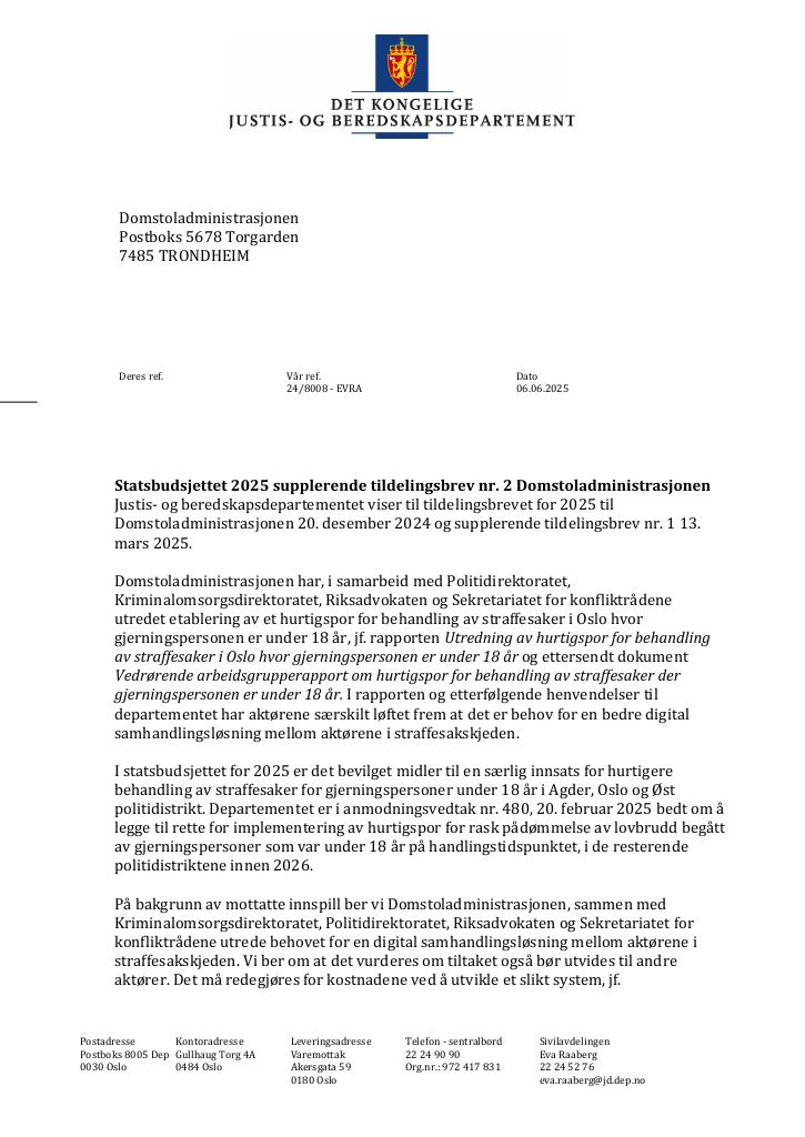 Forsiden av dokumentet Tildelingsbrev Domstoladministrasjonen 2025 - tillegg nr. 2
