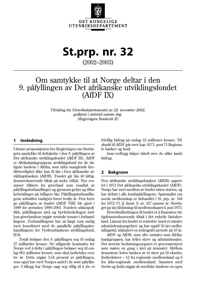 Forsiden av dokumentet St.prp. nr. 32 (2002-2003)