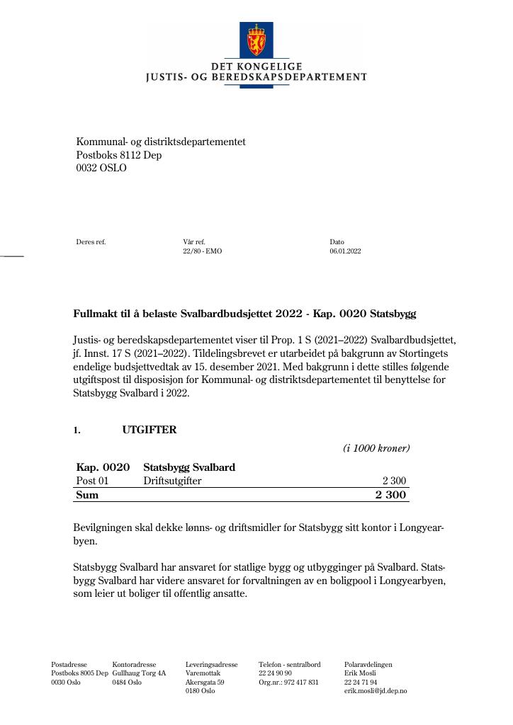 Forsiden av dokumentet Tildelingsbrev Statsbygg 2022 - tillegg Svalbardbudsjettet