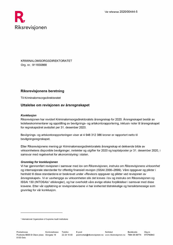 Forsiden av dokumentet Revisjonsberetning 2020 (PDF)