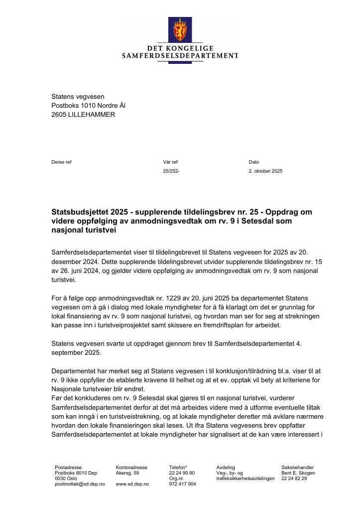 Forsiden av dokumentet Tildelingsbrev Statens vegvesen 2025 - tillegg nr. 25
