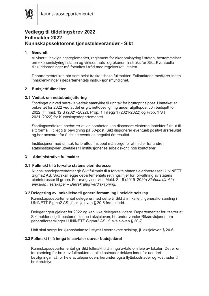 Forsiden av dokumentet Tildelingsbrev Sikt 2022 - vedlegg