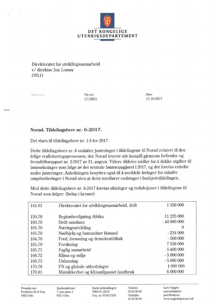 Forsiden av dokumentet Tildelingsbrev no. 6 (pdf)