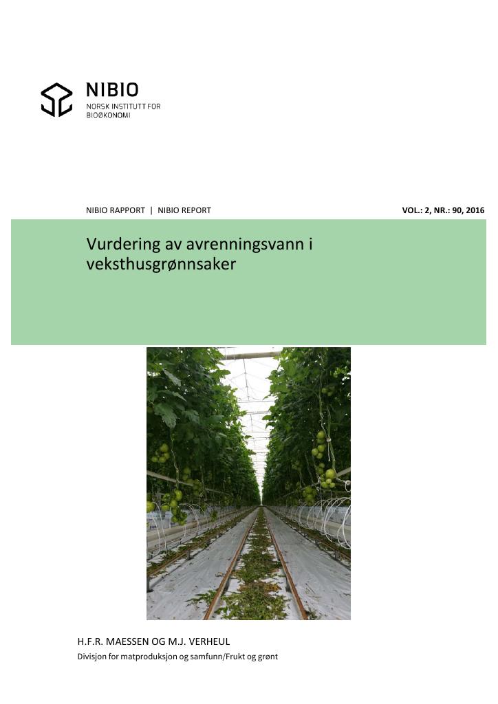 Forsiden av dokumentet Vurdering av avrenningsvann i veksthusgrønnsaker