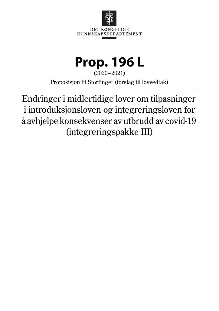 Forsiden av dokumentet Prop. 196 L (2020–2021)