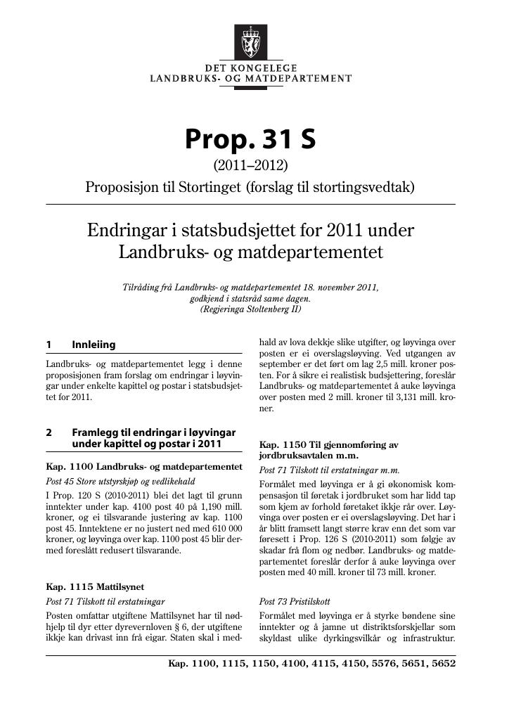 Forsiden av dokumentet Prop. 31 S (2011–2012)