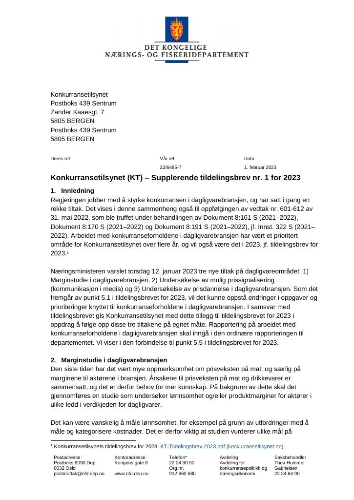 Forsiden av dokumentet Tildelingsbrev Konkurransetilsynet 2023 - tillegg nr. 1