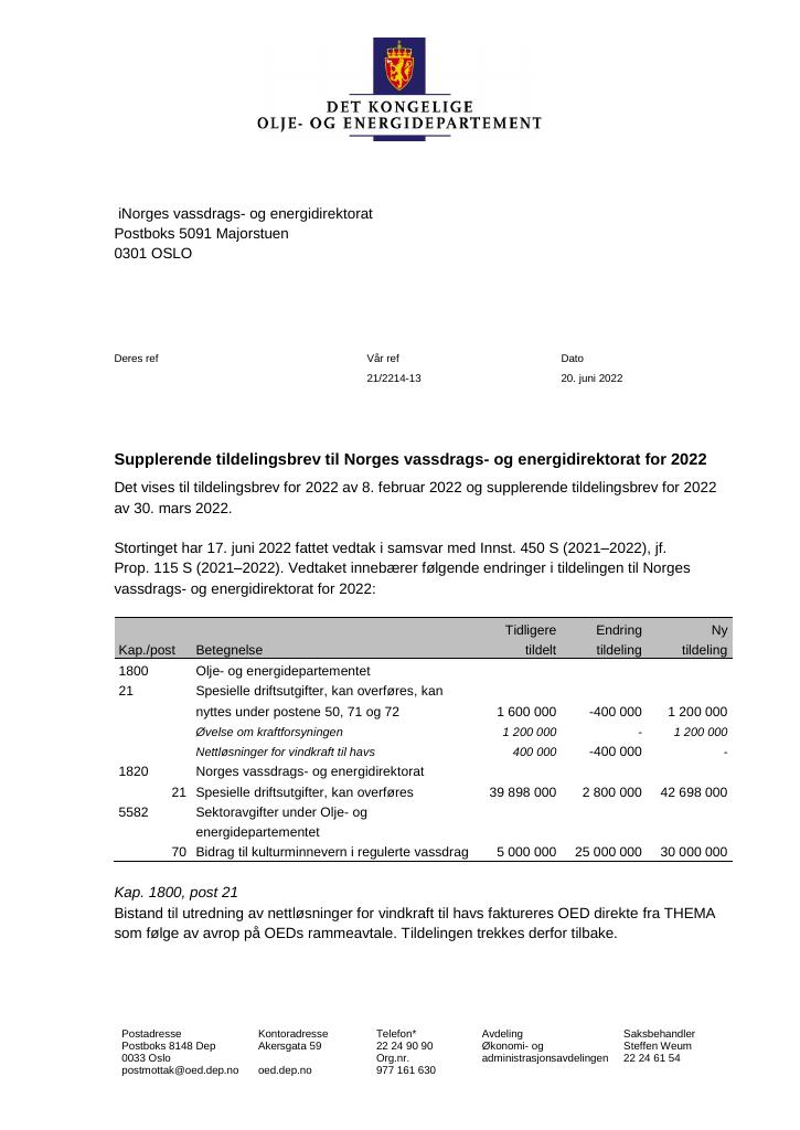 Forsiden av dokumentet Tildelingsbrev Norges vassdrags- og energidirektorat 2022 - tillegg