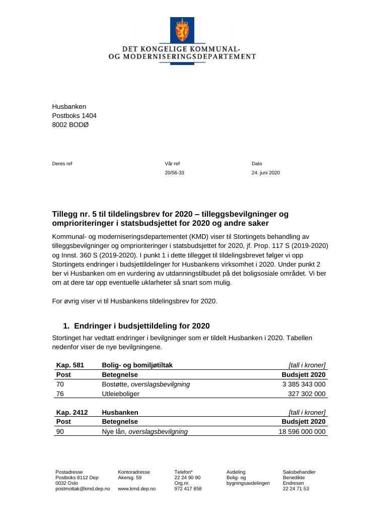 Forsiden av dokumentet Tildelingsbrev Husbanken 2020 - tillegg nr. 5