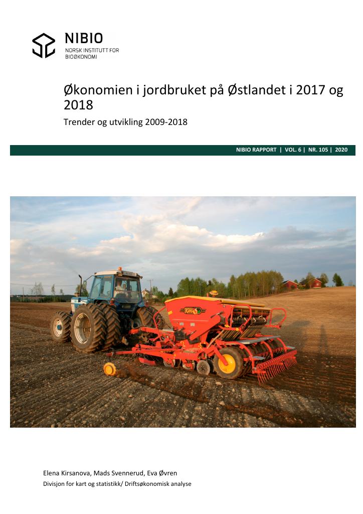 Forsiden av dokumentet Økonomien i jordbruket på Østlandet i perioden fra 2017 til 2018