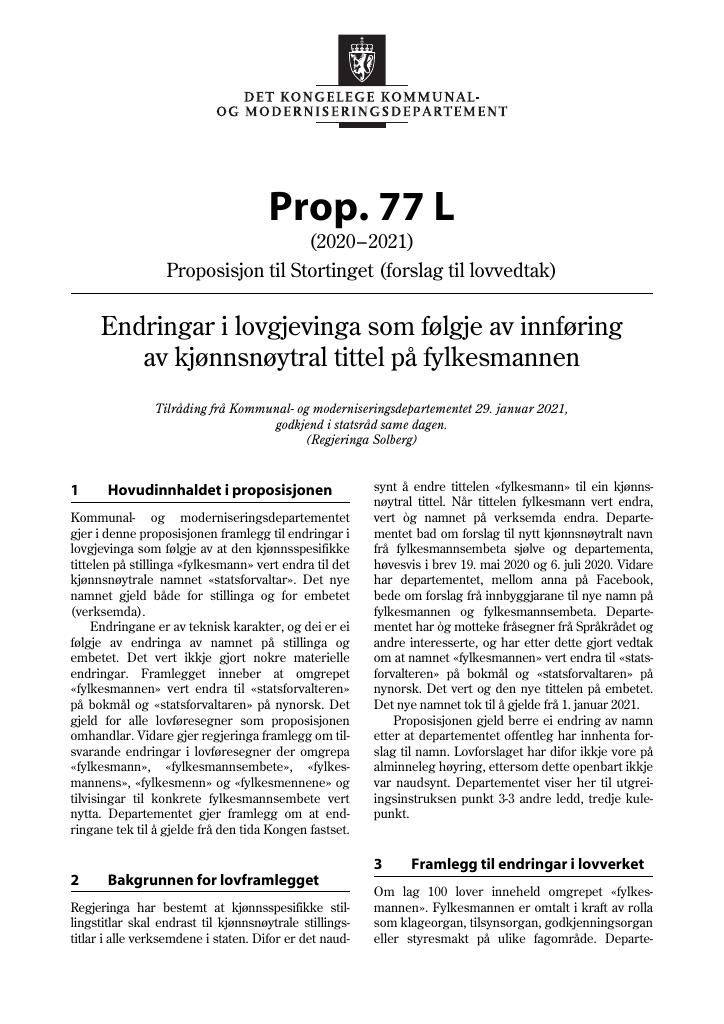 Forsiden av dokumentet Prop. 77 L (2020–2021)