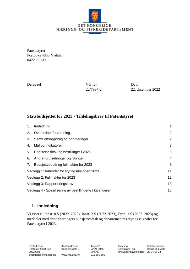 Forsiden av dokumentet Tildelingsbrev Patentstyret 2023