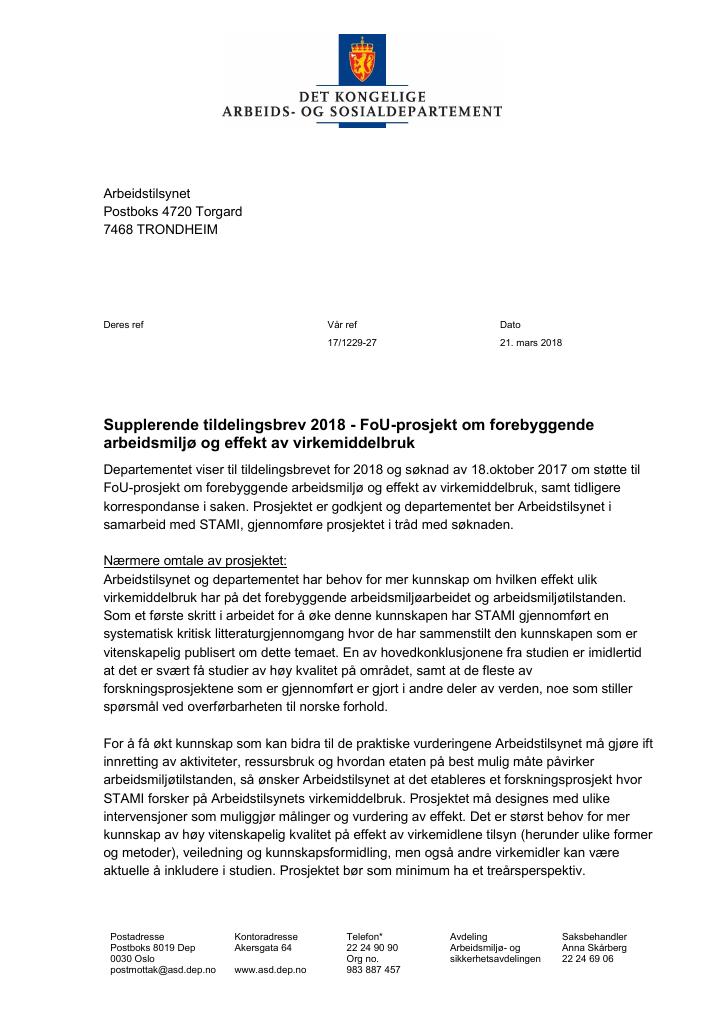 Forsiden av dokumentet Tildelingsbrev Arbeidstilsynet 2018 - tillegg nr. 1, nr. 2 og nr. 3