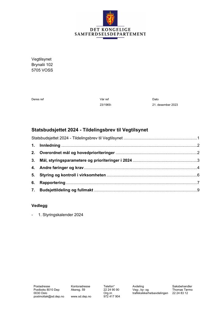 Forsiden av dokumentet Tildelingsbrev Vegtilsynet 2024 Statsbudsjettet 2024 –Tildelingsbrev til Vegtilsynet