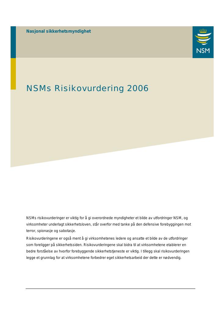 Forsiden av dokumentet NSMs Risikovurdering 2006