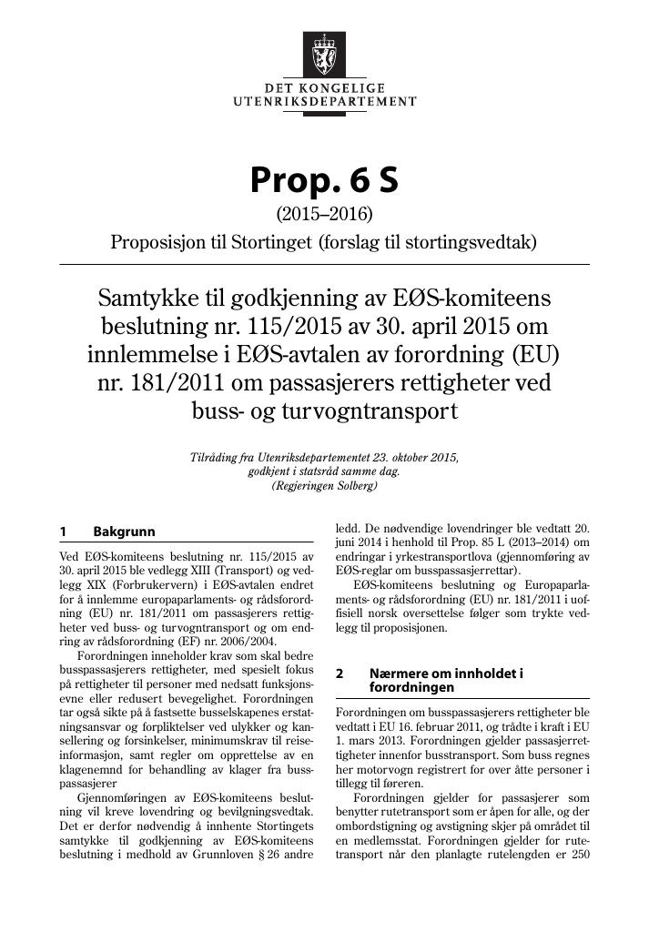 Forsiden av dokumentet Prop. 6 S (2015–2016)