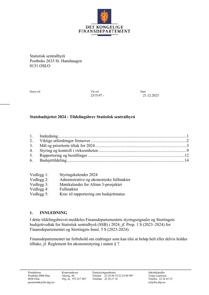 Forsiden av dokumentet Tildelingsbrev 2024