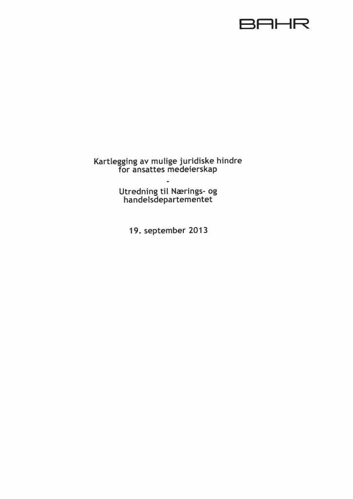 Forsiden av dokumentet Kartlegging av mulige juridiske hindre for ansattes medeierskap