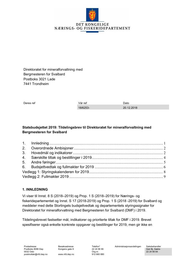 Tildelingsbrev Direktoratet For Mineralforvaltning Med Bergmesteren For ...