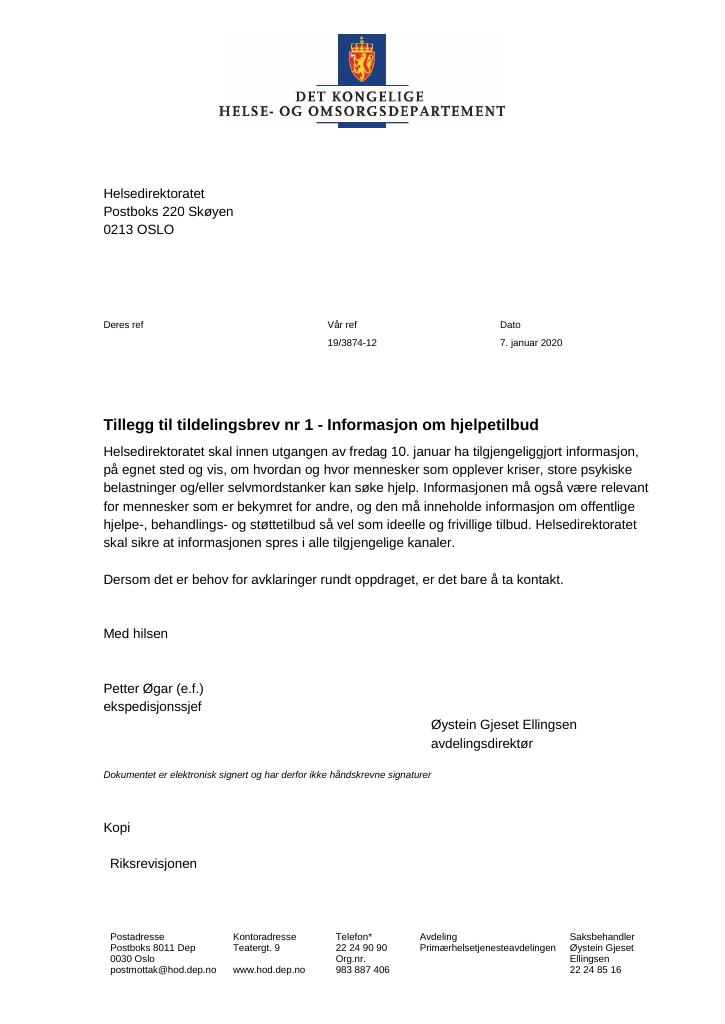 Forsiden av dokumentet Tildelingsbrev Helsedirektoratet 2020 - tillegg nr. 1