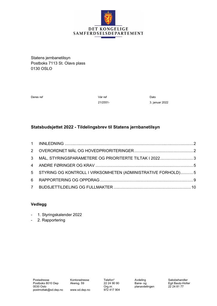 Forsiden av dokumentet Tildelingsbrev Statens jernbanetilsyn 2022