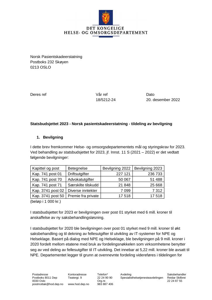 Forsiden av dokumentet Tildelingsbrev Norsk pasientskadeerstatning 2023