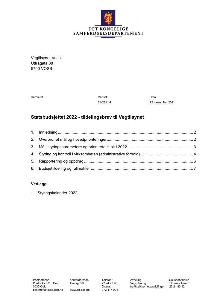 Forsiden av dokumentet Tildelingsbrev Vegtilsynet 2022