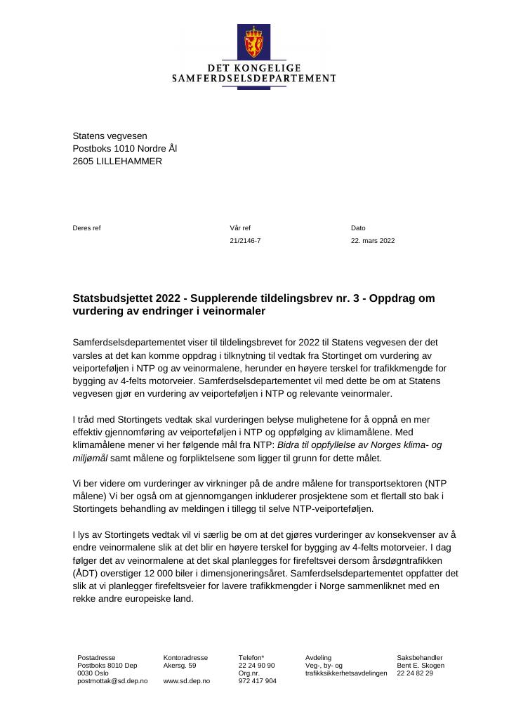 Forsiden av dokumentet Tildelingsbrev Statens vegvesen 2022- tillegg nr. 3