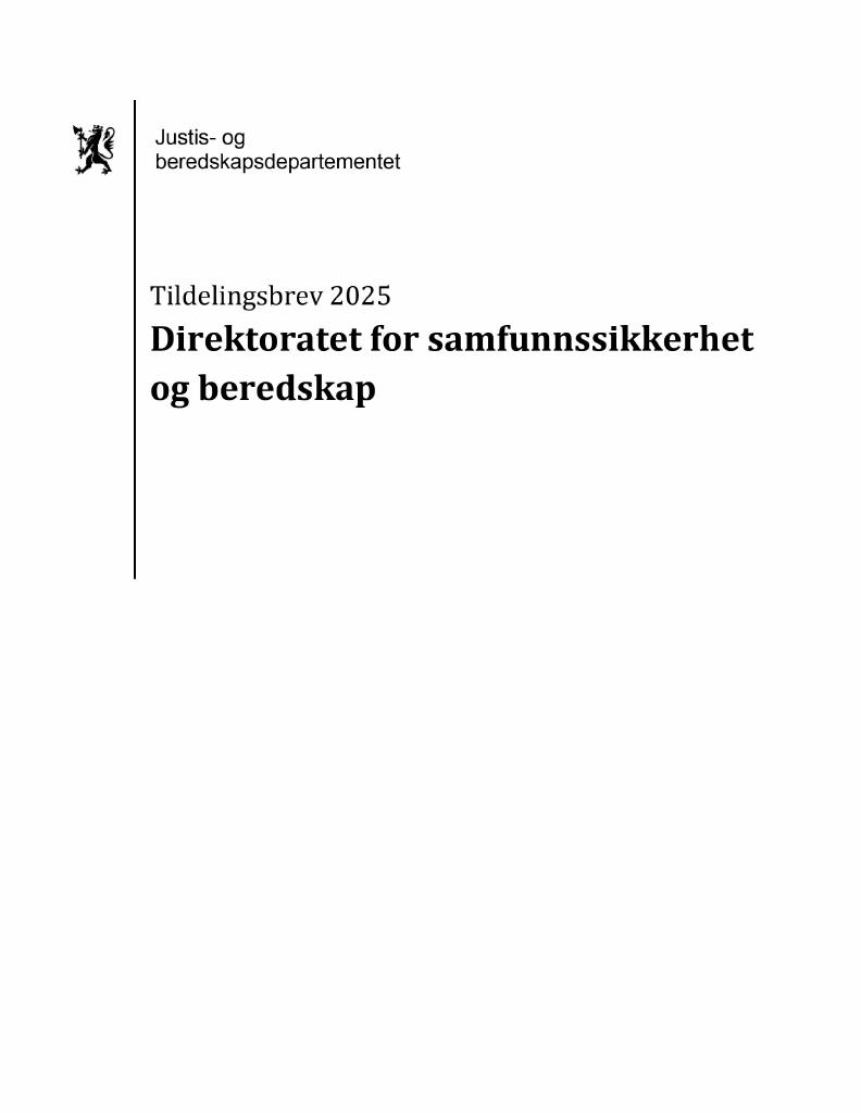 Forsiden av dokumentet Tildelingsbrev Direktoratet for samfunnssikkerhet og beredskap 2025