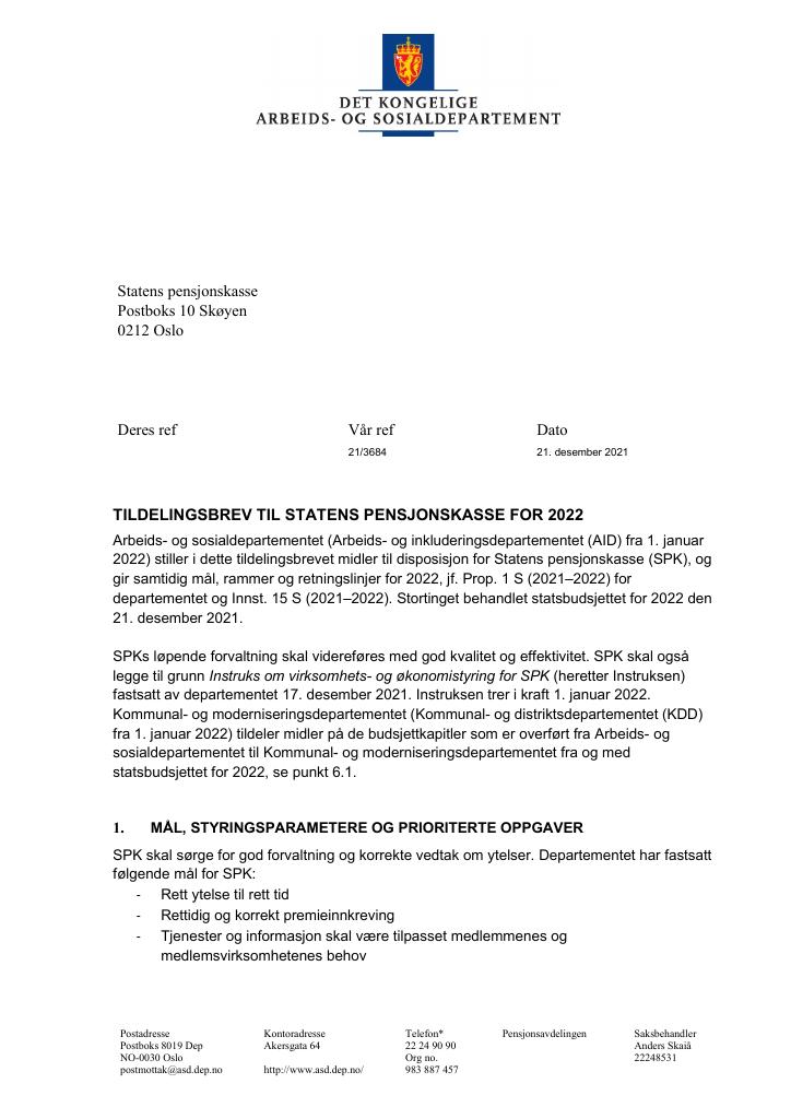 Forsiden av dokumentet Tildelingsbrev Statens pensjonskasse 2022