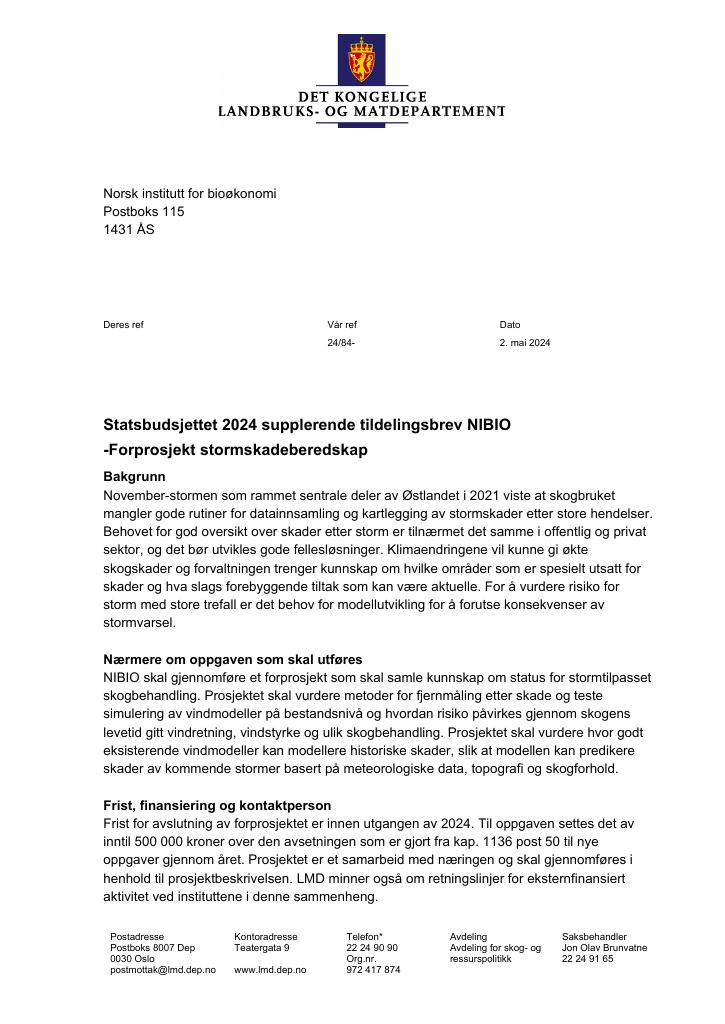 Forsiden av dokumentet Tildelingsbrev Norsk institutt for bioøkonomi - NIBIO 2024 - tillegg