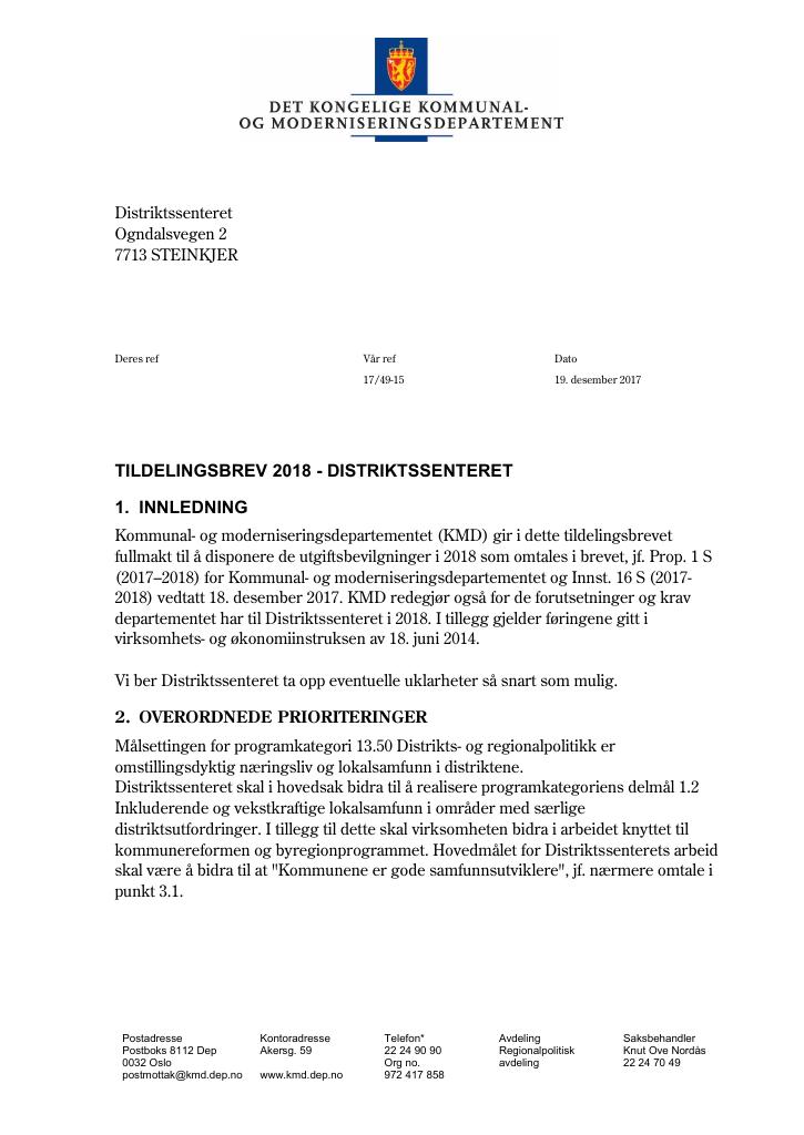 Forsiden av dokumentet Tildelingsbrev (pdf)