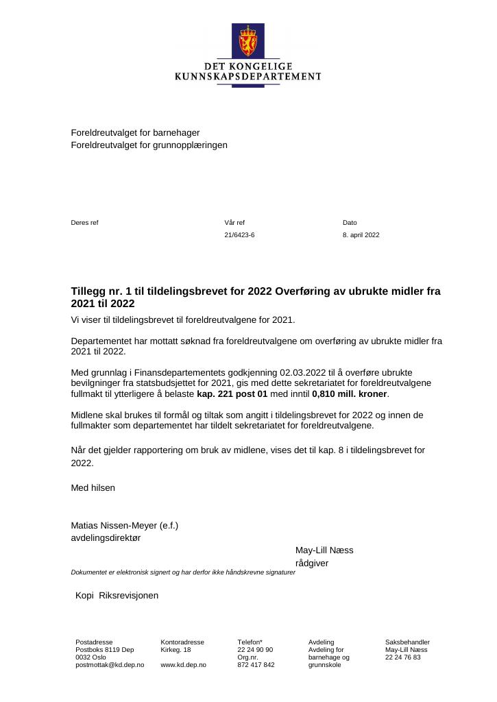 Forsiden av dokumentet Tildelingsbrev Foreldreutvalget for grunnopplæringen og Foreldreutvalget for barnehager 2022 - tillegg nr. 1