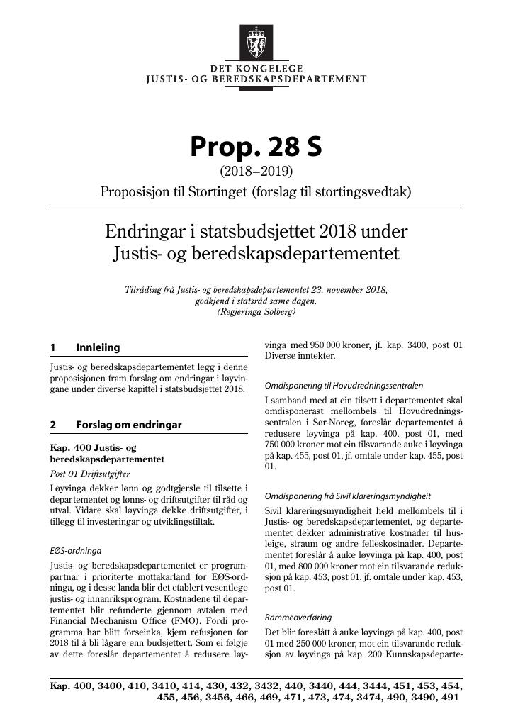 Forsiden av dokumentet Prop. 28 S (2018–2019)