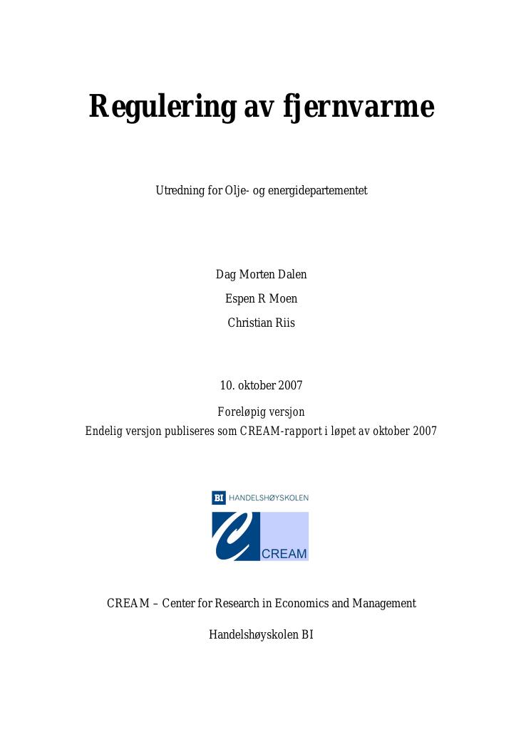 Forsiden av dokumentet Regulering av fjernvarme