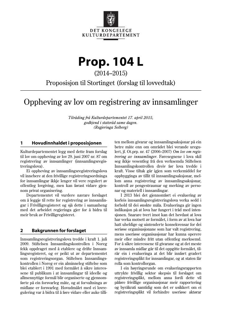 Forsiden av dokumentet Prop. 104 L (2014-2015)