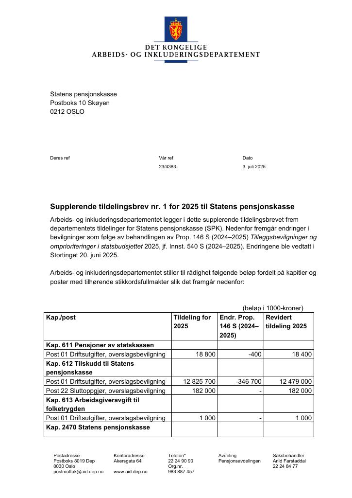 Forsiden av dokumentet Tildelingsbrev Statens pensjonskasse 2025 - tillegg nr. 1