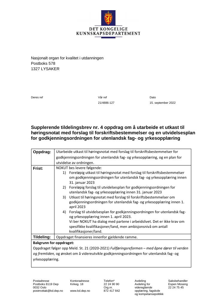 Forsiden av dokumentet Tildelingsbrev NOKUT 2022 - tillegg nr. 4