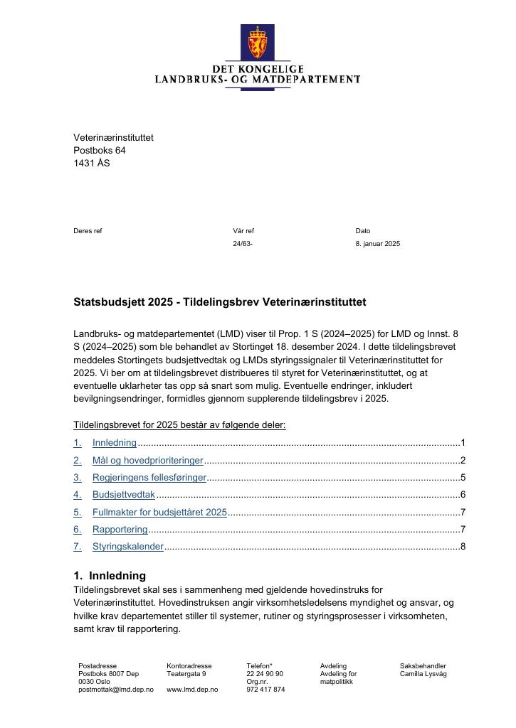 Forsiden av dokumentet Tildelingsbrev Veterinærinstituttet 2025