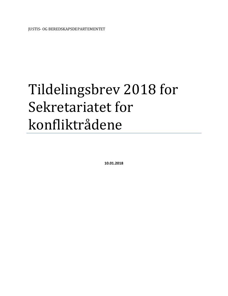 Forsiden av dokumentet Tildelingsbrev Sekretariatet for konfliktrådene 2018