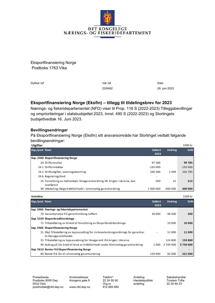 Forsiden av dokumentet Tildelingsbrev Eksportfinansiering Norge (Eksfin) 2023) - tillegg