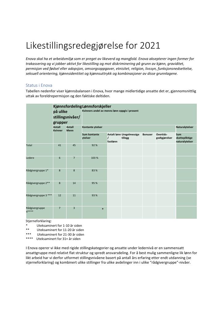 Forsiden av dokumentet Likestillingsredegjørelse Enova 2021