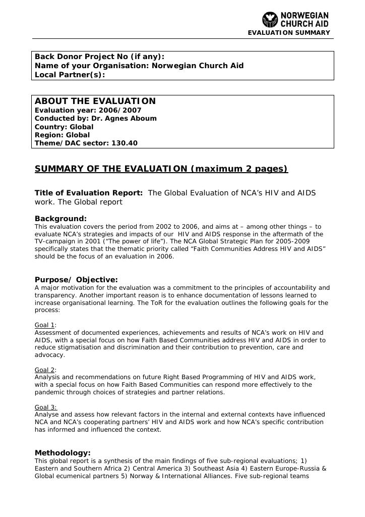 Forsiden av dokumentet The Global Evaluation of NCA’s HIV and AIDS work. The Global report