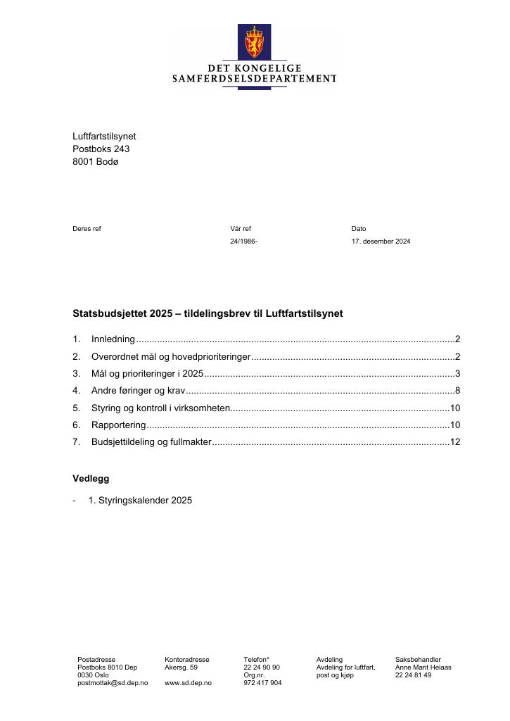 Forsiden av dokumentet Tildelingsbrev Luftfartstilsynet 2025