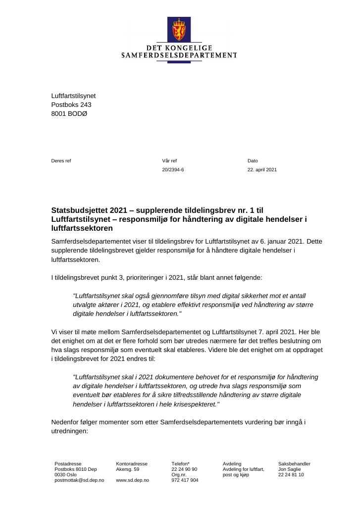 Forsiden av dokumentet Tildelingsbrev Luftfartstilsynet 2021 - tillegg nr. 1