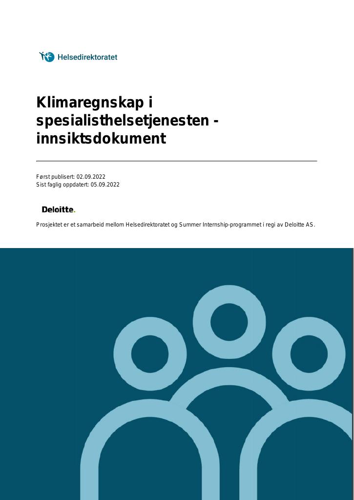 Forsiden av dokumentet Klimaregnskap i spesialisthelsetjenesten - innsiktsdokument