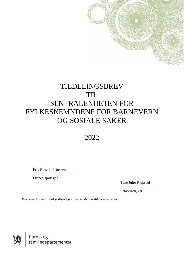 Forsiden av dokumentet Tildelingsbrev Fylkesnemndene for barnevern og sosiale saker 2022