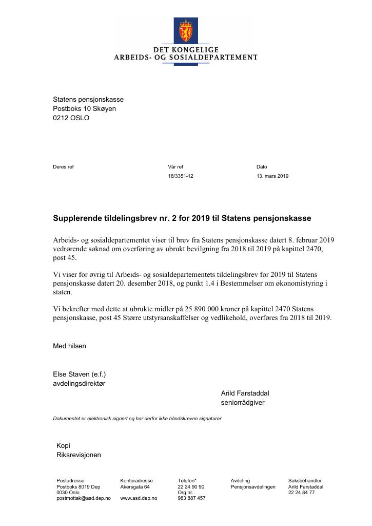 Forsiden av dokumentet Supplerende tildelingsbrev nr. 2 Statens pensjonskasse 2019